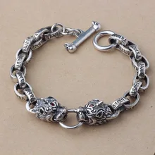 925 пробы, серебряный, шесть слов, мантра, браслеты, двойной, Pixiu, голова, браслет, ширина 9 мм, панк, Винтаж, тайский, серебряный, мужской браслет, ювелирное изделие