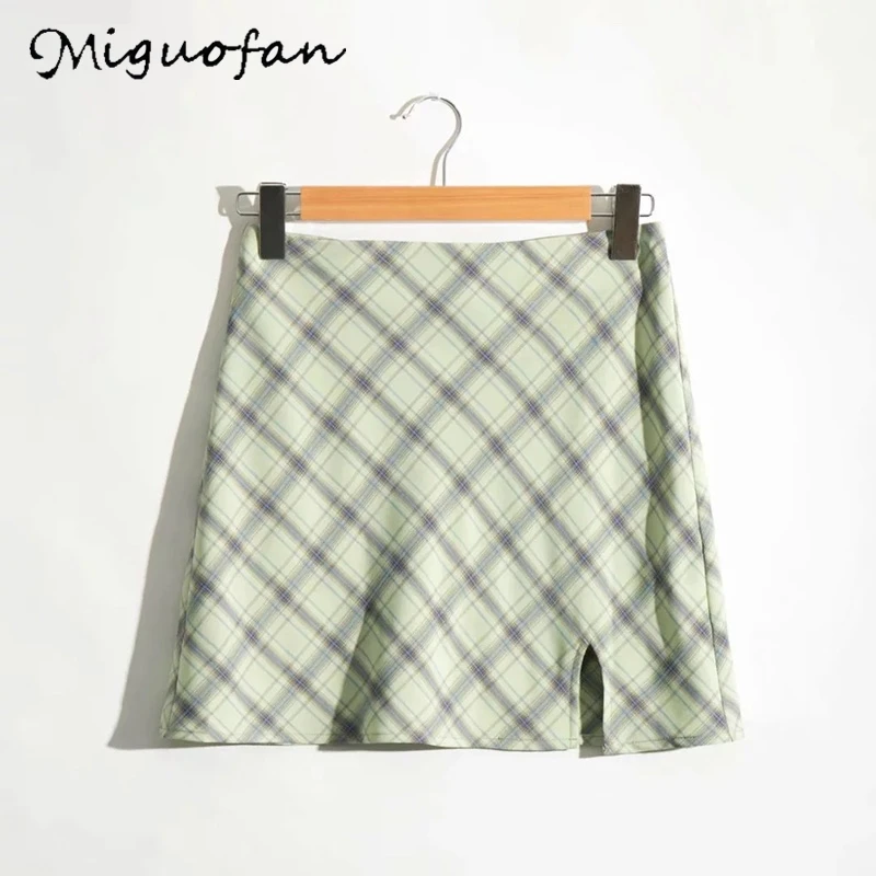 Miguofan green plaid printting skirts high split high waist Skirts for women high waist skirts vintage female lady spring 2020 Miguofan green plaid printting skirts high split high waist Skirts for women high waist skirts vintage female lady spring 2020