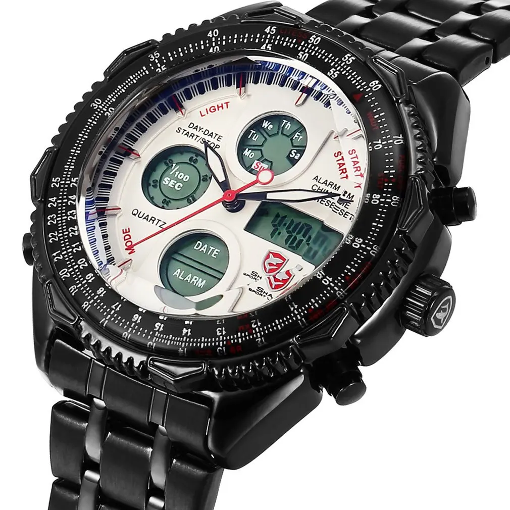 Black White SH114 Акула бренд часы с двумя часовыми поясами цифровой аналоговый Нержавеющая сталь Секундомер Мужские кварцевые военные наручные часы Relogio/SH111 - Цвет: Black White SH114