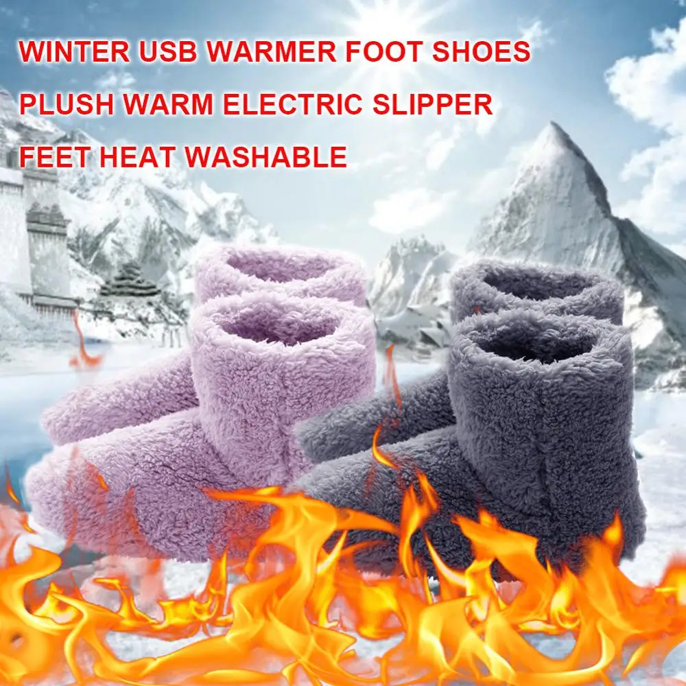 1 Pair Foot Warmer Electric Shoes Plush Warming Slipper USB Feet Heating Winter 