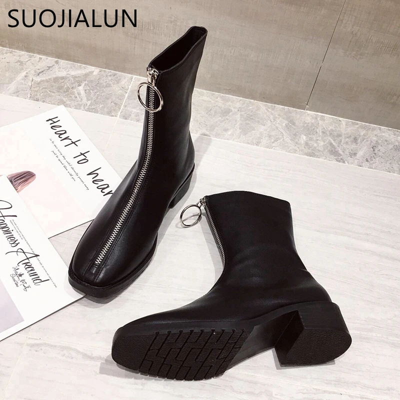 SUOJIALUN/Женские Ботинки martin; модные брендовые женские полусапожки на плоской подошве с молнией спереди; зимние женские повседневные Ботинки martin с круглым носком