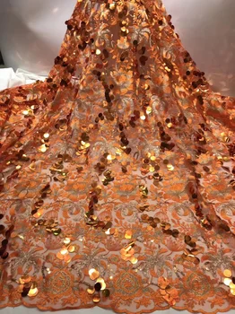 

7 colors high quality French net lace fabric orange African sequins tulle lace with beautiful embroidery for dress FCC051