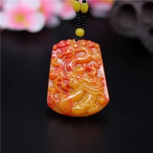 Chinese natural cinnabar red jade hand-carved dragon tortise pendant 2.2 inch