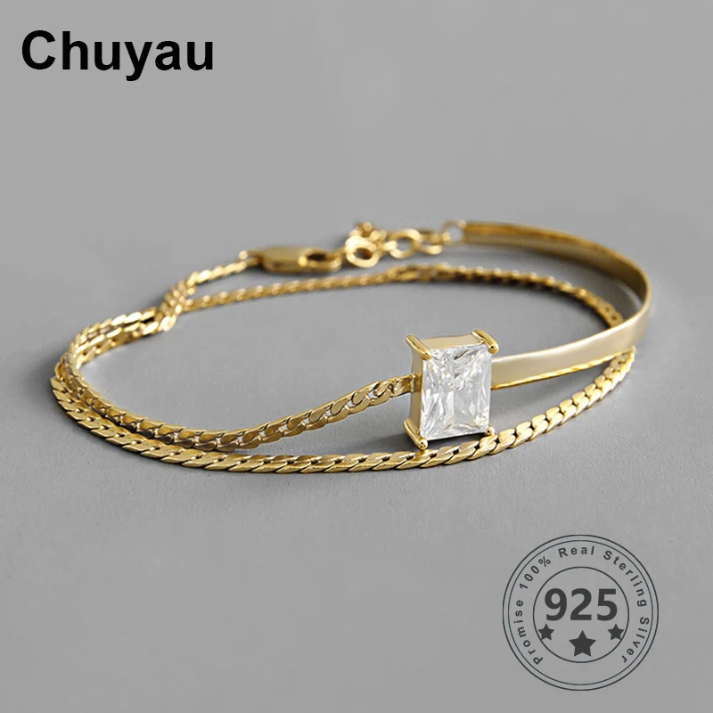 Chuyau 925 sterling silver AAAA Zircon Double Layer Bracelets Square Adjustable For women Jewelry Gift New Hot | Украшения и