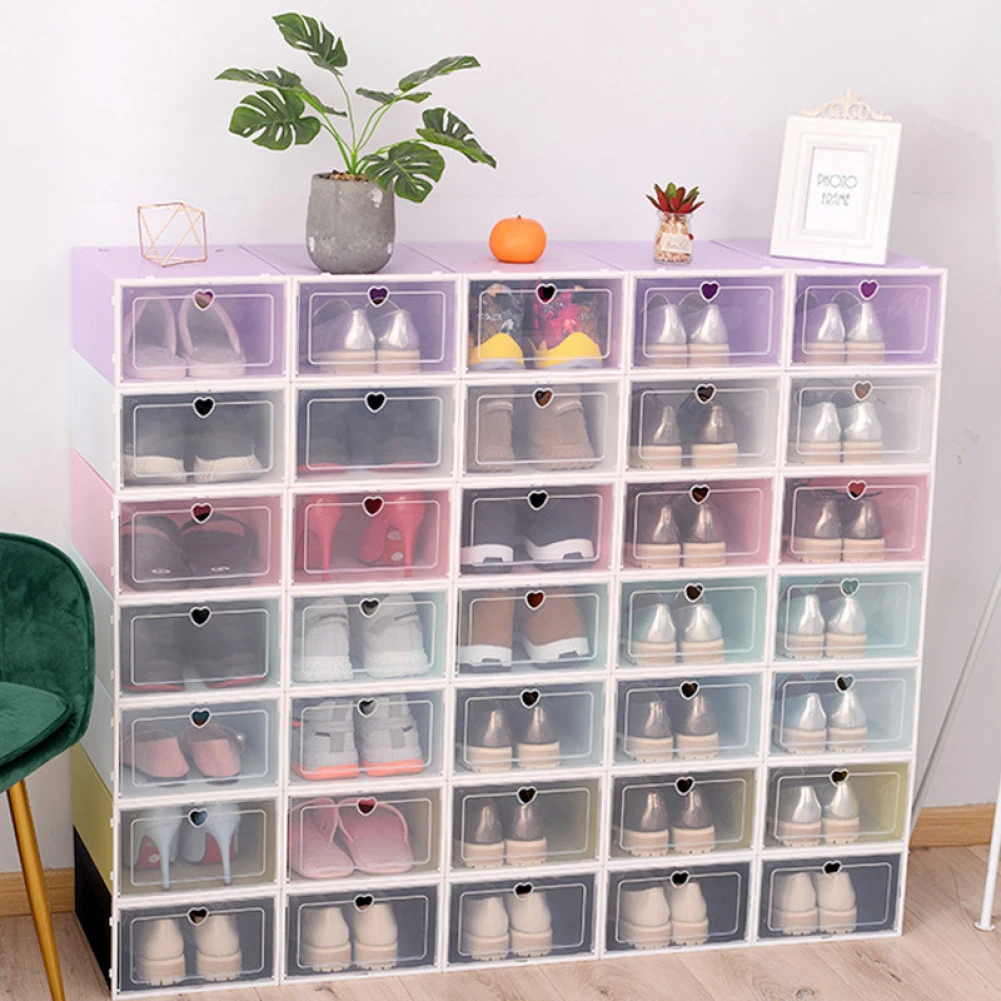 Caja de plástico para zapatos con agujero en forma de corazón, cajón transparente grueso, organizador apilable, 6 uds.|Cajas y recipientes de almacenamiento| -