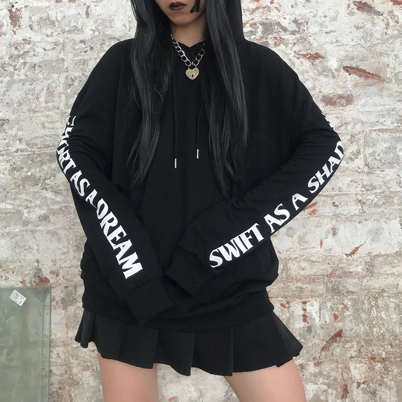  InsGoth Harajuku Grunge Loose Black Hoodie Women Sweatshirt Gothic Streetwear Punk Pullover Cartoon