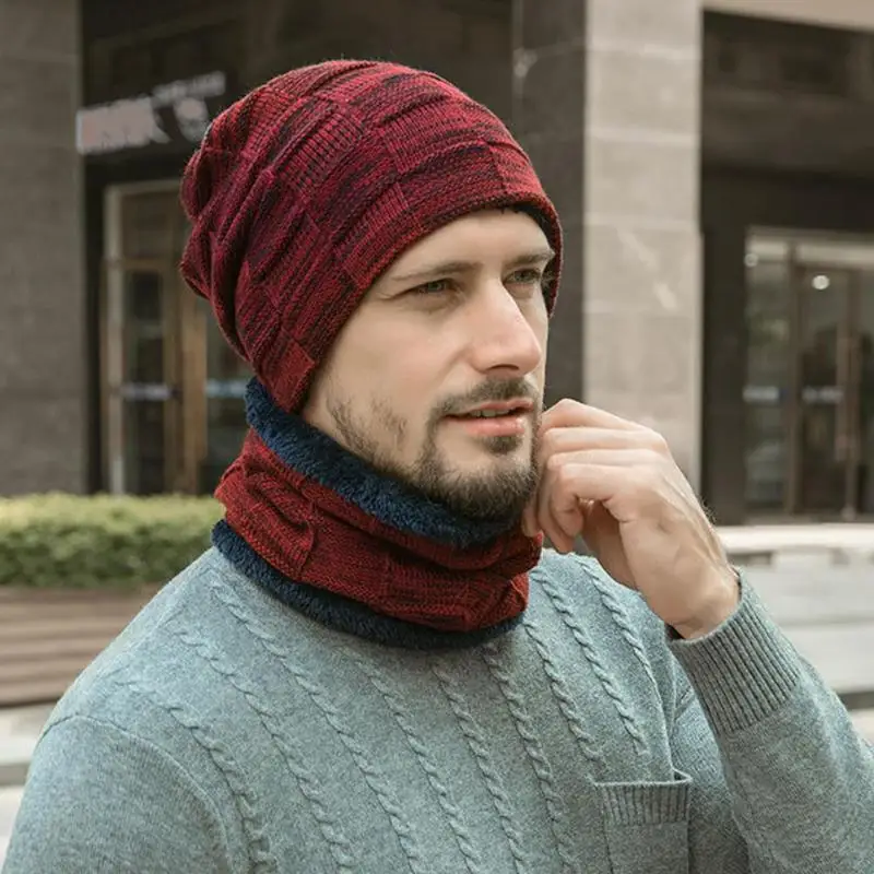 Модная Мужская Зимняя вязанная хлопковая шапка + шарф Мужская Теплая эластичная шляпа