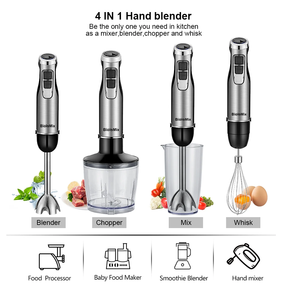1200 Watt 6-Speed Multi-Purpose 4 in 1 Hand Blender Stainless Steel With Whisk Food Grinder Bowl for Smoothies Sauces Soups