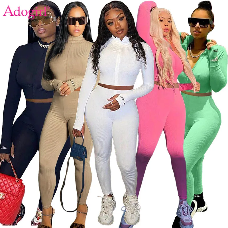 

Adogirl Letter Embroidery Ribbed Two Piece Set for Women Knitted Tracksuit Zipper Turtleneck Long Sleeve Crop Top Pencil Pants