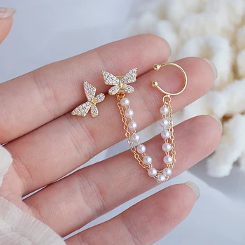 

Micro-inlaid Butterfly Wings, Zircon And Pearl Chain Rear Hanging Ears Earrings For Women Wholesale Korean Stud Earring Jewelry