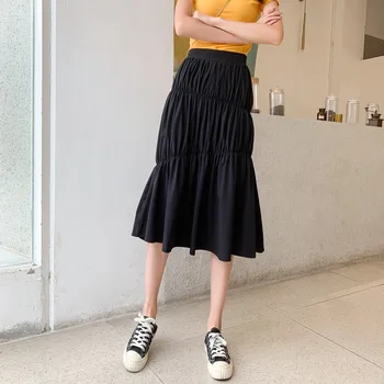 

2020 small pleated chiffon dress high waist slim A- line solid color temperament long tulle black vintage ruffle skirt for women