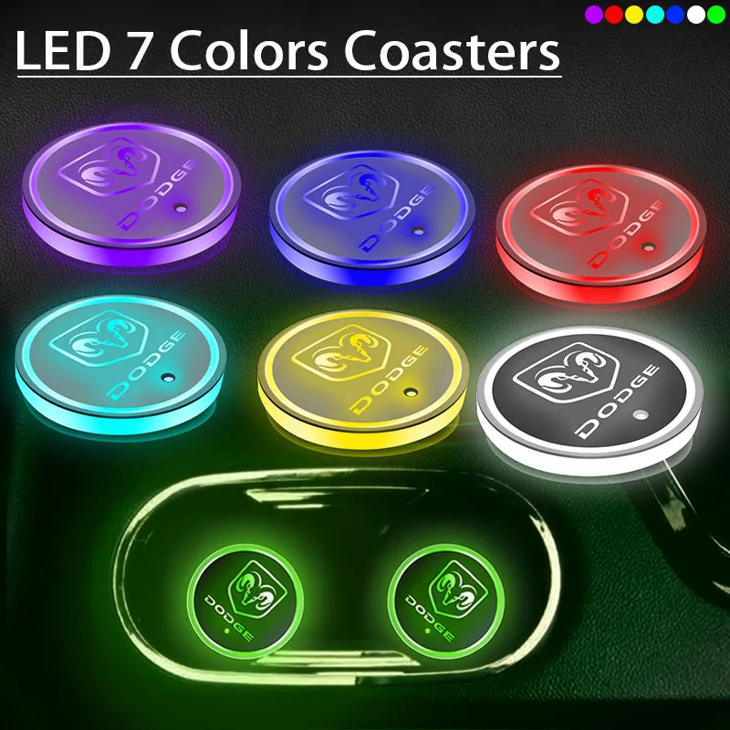 

2x LED Light Car Logo Cup Mat Car Badge Luminous Coaster Holder Mat for Dodge Challenger RAM 1500 Charger Avenger Caliber Nitro