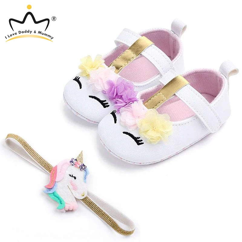 New Cute Unicorn Crown Flower Newborn Baby Shoes Headband Set Soft Soled Anti Slip Baby Girl Shoes Todder Shoes Girls Princess