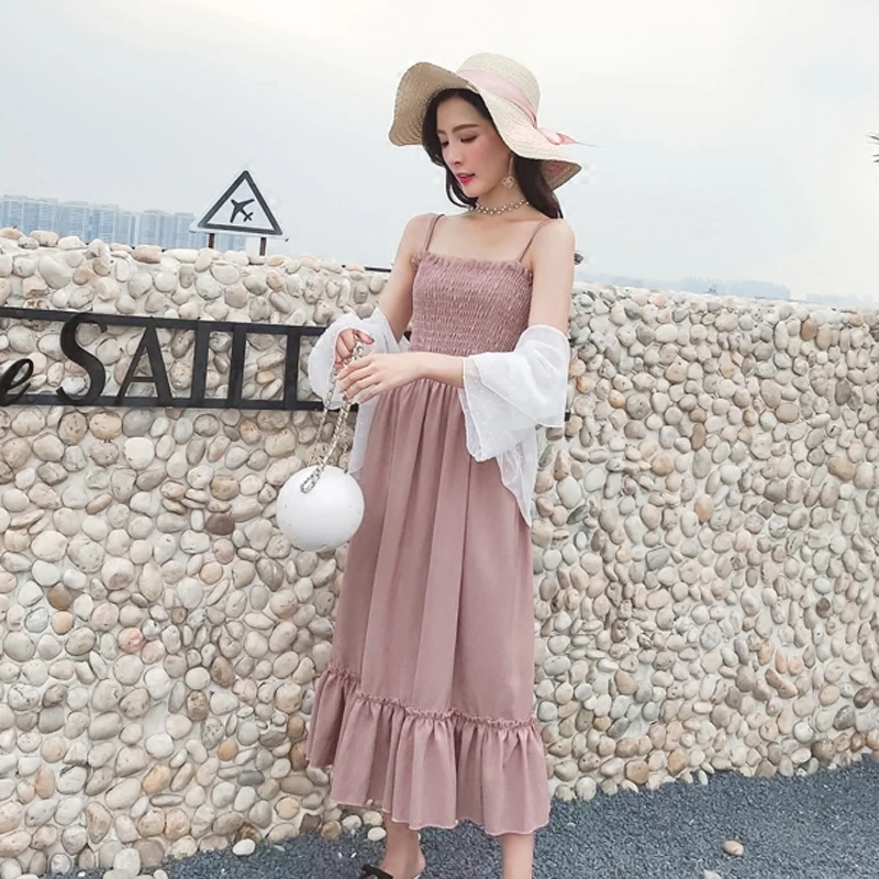 

New spring and summer Korean version of the strap pleated was thin wrapped chest long chiffon skirt ladies dress casual