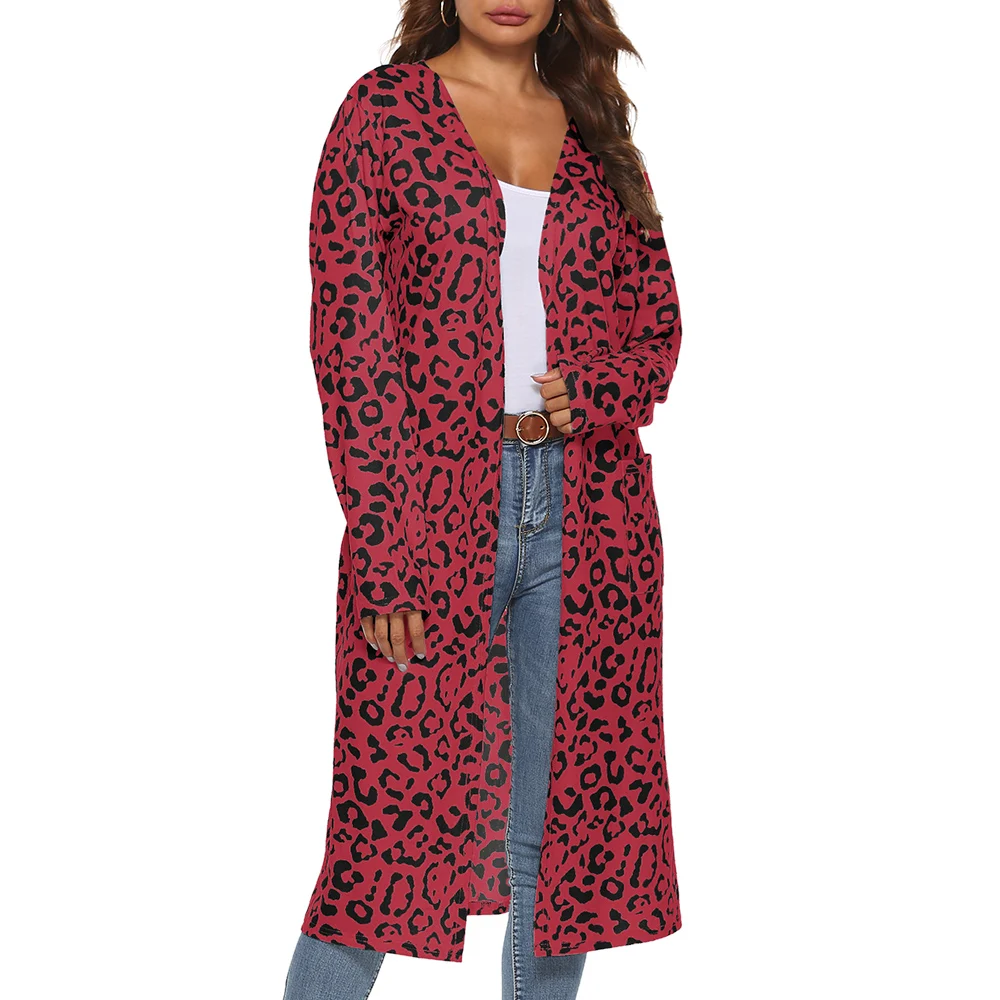 Женский вязаный длинный кардиган с леопардовым принтом, свитер, пальто для женщин, осенний свитер, женская верхняя одежда, модный кардиган Feminino - Цвет: red
