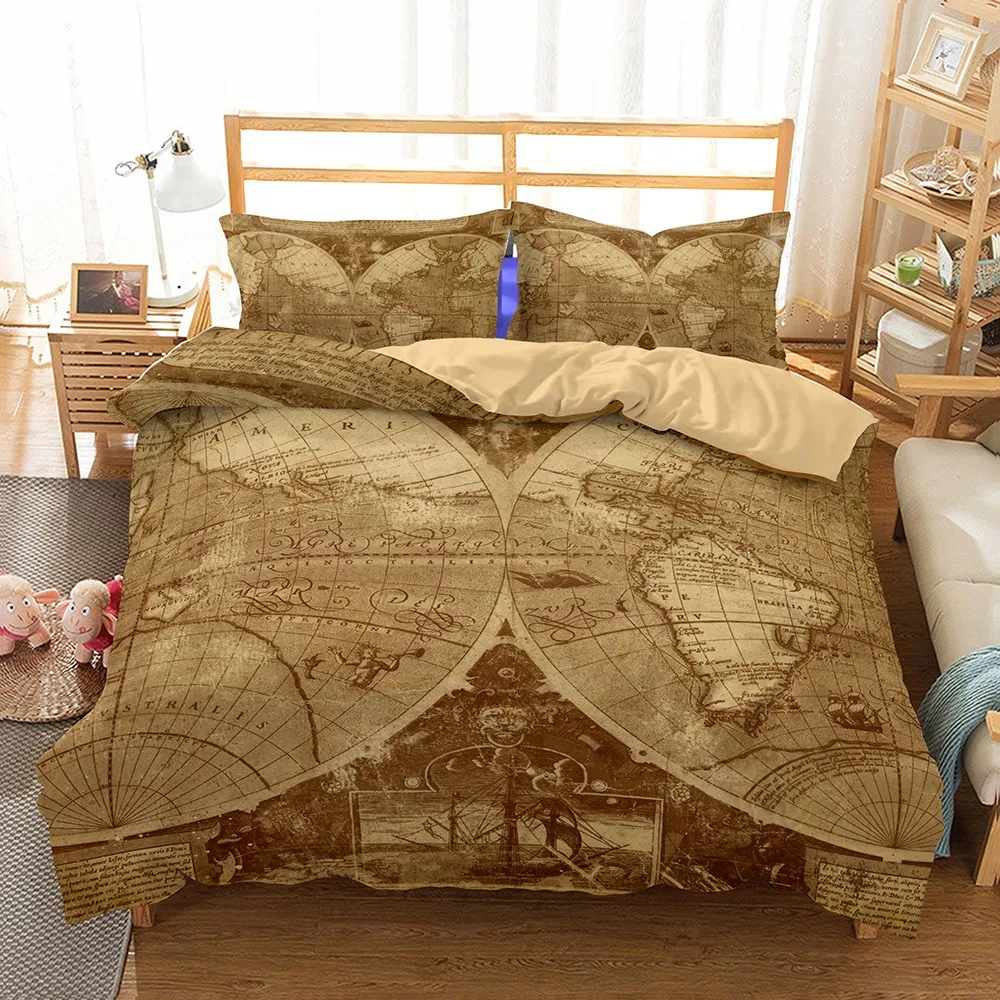 

Retro Style Skin-friendly Soft Duvet Set Old World Map Winter Comforter Cover Set Teens Adults Bedding Sets Bed Cover Home Decor