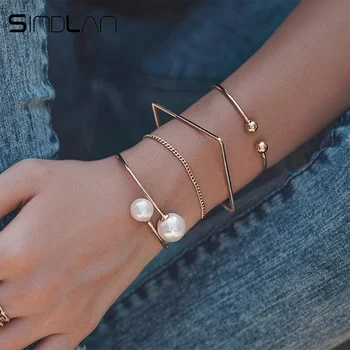 

Sindlan 4PCs Punk Fashion Gold Pearl Bangles for Women Simple Geometric Open Bracelets Set 2019 Female Boho Charm Wrist Jewelry
