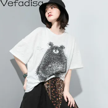 

Vefadisa Animal Bear Printed Women T-shirt 2020 Summer Half Sleeve Loose Female Top Cotton Women T-shirt Black White QYF2525