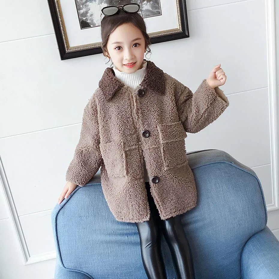 

New Girls Jacket Solid Girl Woolen Coats Kids Fur Collar Kids Outerwear Winter Thick Warm Clothes For Girls 6 8 10 12 14 Year