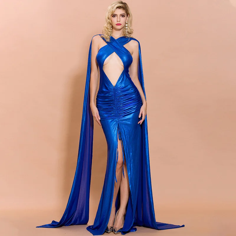 Women Sexy Irregular Neck High Split Solid Color Dresses Female Elegant Maxi Dress