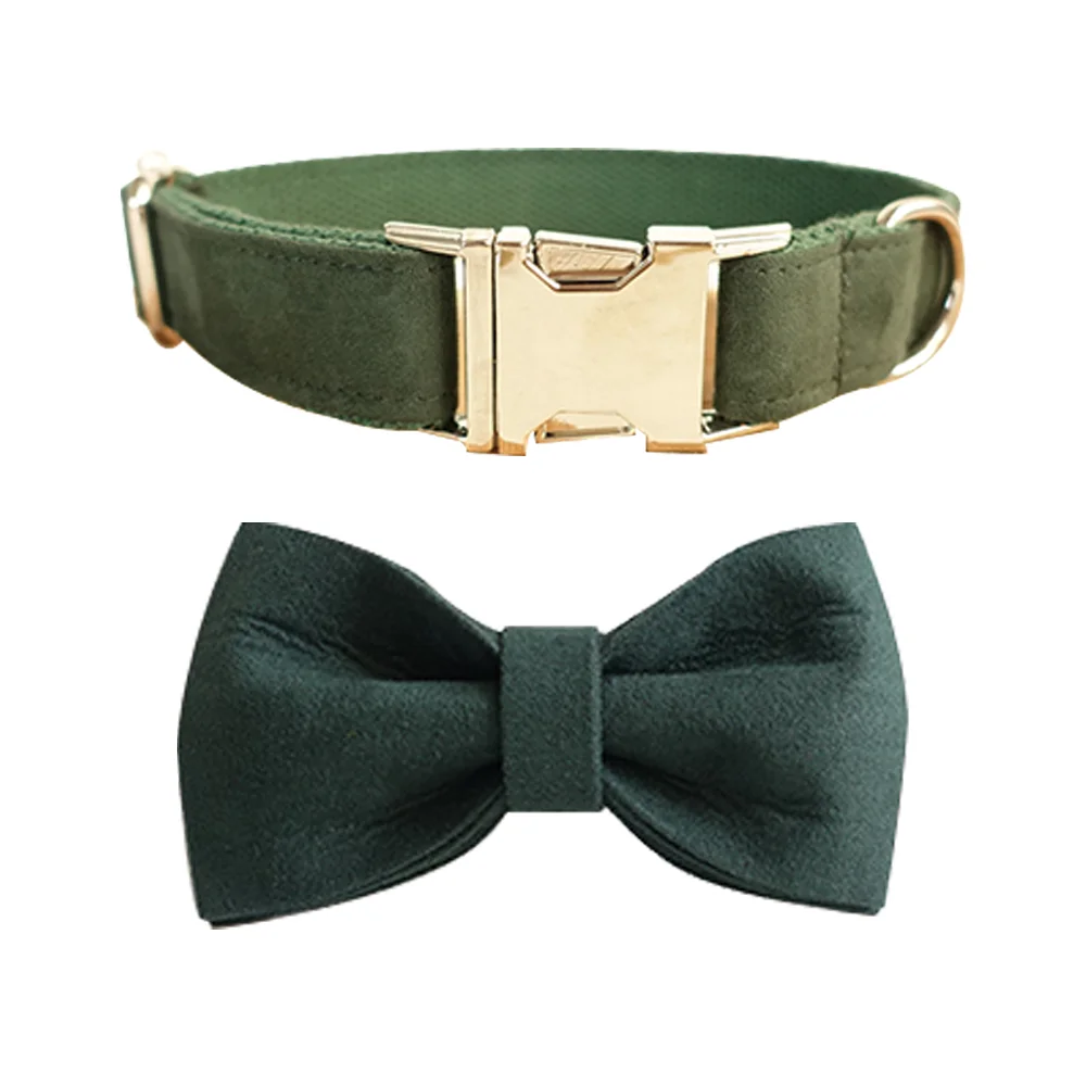 

Dark Green Color Dog Collar and Leash Set With Bow Tie Original Metal Buttons For Dogs and Cats