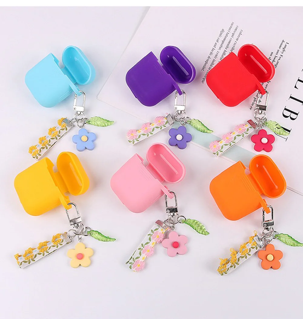 

For AirPods Case luxury flower with keychain Silicone Protective Case For Airpods 2 Accessories key ring Wireless Earphone Cover