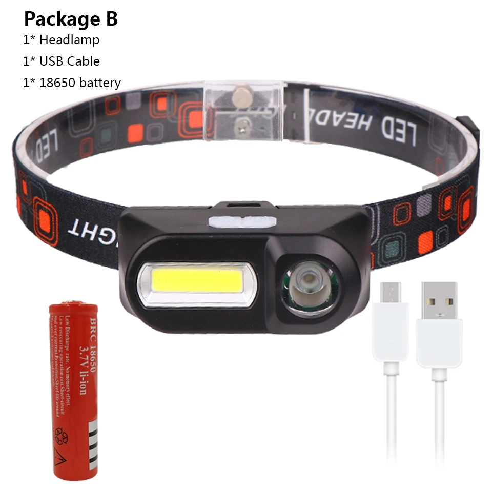 Package B Z90 2500LM T6+ COB светодиодный налобный светильник, налобный фонарь, вспышка, светильник USB, перезаряжаемый, 18650, фонарь для кемпинга, туризма, ночной рыбалки, светильник - Emitting Color: Package B