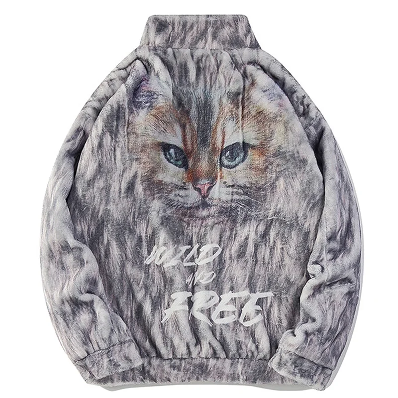 

Mens Parkas Winter Hip Hop Velvet Thick Cat Printed Jackets Men Windbkreaker Harajuku Kawaii Printed Cat Lover Paraks Streetwear