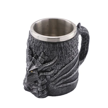 

3D Retro Creative Double Drinking Cup Resin Stainless Steel Beer Mug Skull Coffee Cup Creative Tea Mug Pub Bar Decoration Resin