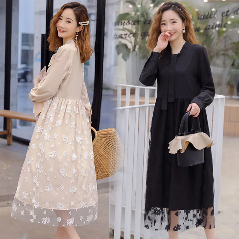 

High Waist Lace Dresses For Pregnant Women Clothes Autumn Spring Loose Sweet Yarn Maternity Dress Bottoming Pregnancy Dresses