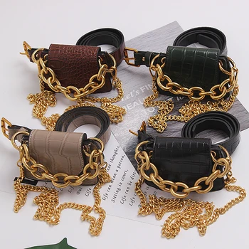 

Women designer metal gold chian belt animal skin pattern pocket sexy street black belts new 2019 rock style khaki green brown