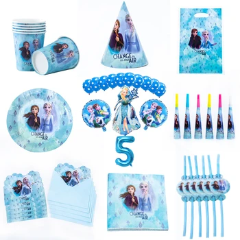 

Disney Princess Frozen Elsa Anna Theme Party Supplies Paper Plate Cup Straws Horn For Girls Birthday Party Banners Decor Balloon