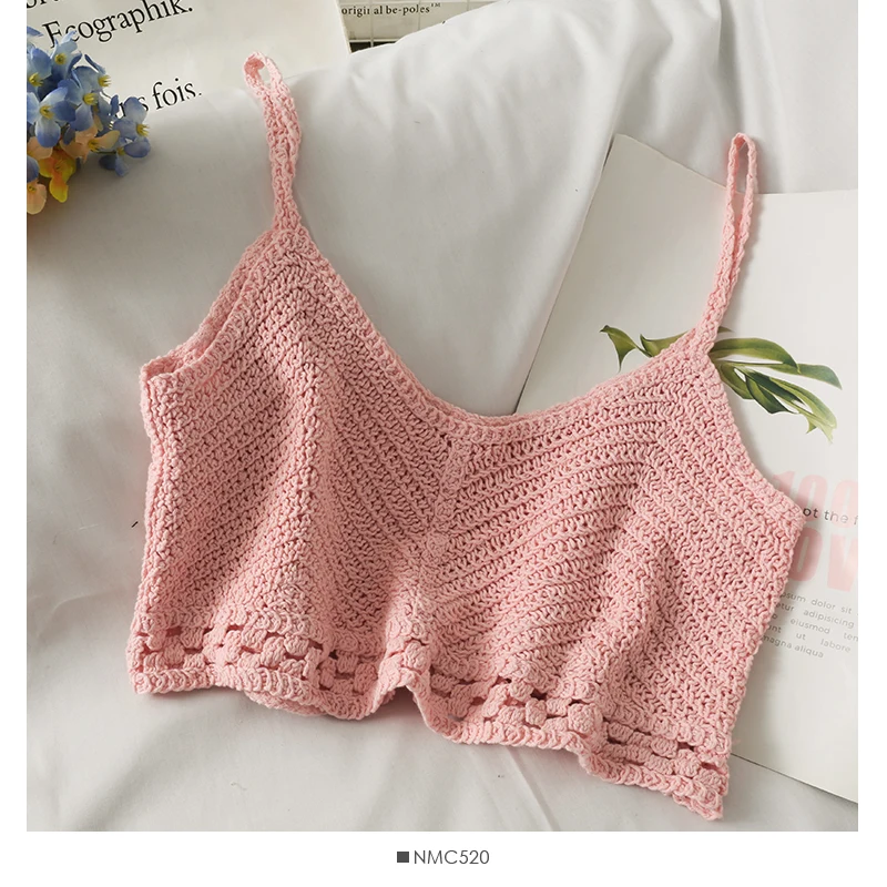 Pearl Diary Women Openwork Crochet Crop Tops Summer Spaghetti Strap V Neck Beach Cotton Backless Sexy Short Tops For Vacation women's bra