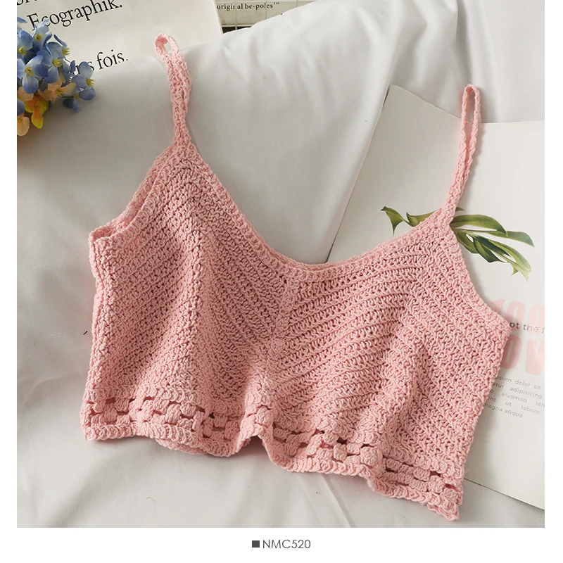 Pearl Diary Women Openwork Crochet Crop Tops Summer Spaghetti Strap V Neck Beach Cotton Backless Sexy Short Tops For Vacation women's bra Tanks & Camis