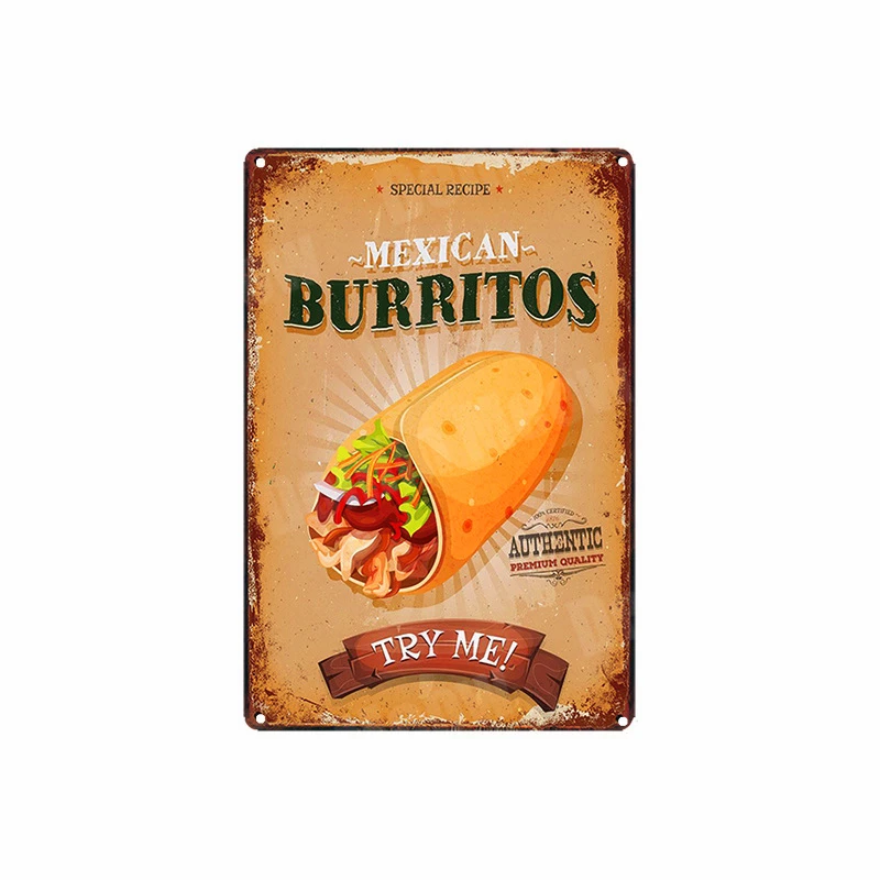 Веганское меню винтажные металлические жестяные вывески Burritos испанский Chorizo плакат Паб Бар Ресторан украшения американские печенье Настенный декор - Цвет: A
