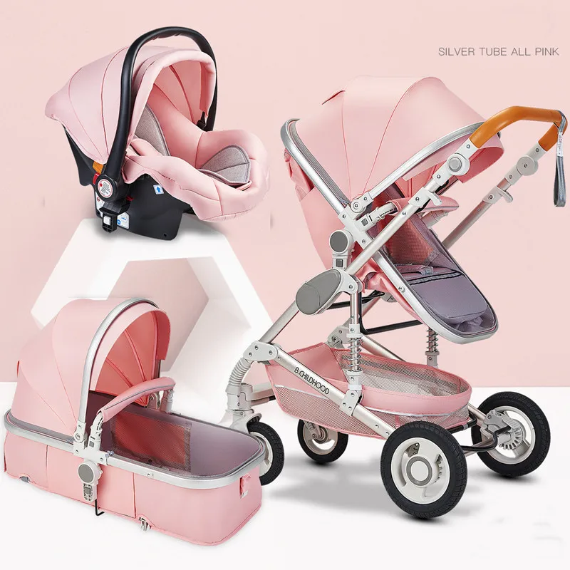 All Pink 3 IN 1 Многофункциональная детская коляска 3 в 1 с высоким пейзажем, коляска для новорожденных, складная коляска, дорожная система, тележка с автокреслом - Цвет: All Pink 3 IN 1