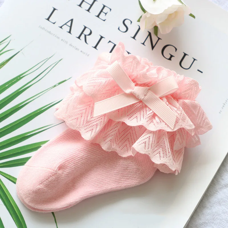 Носки для новорожденных, кружевные банты, носки для маленьких девочек, Осенние мягкие носки с оборками для маленьких принцесс, носки для детей 0-12 месяцев, Skarpetki - Цвет: Pink 0-6M