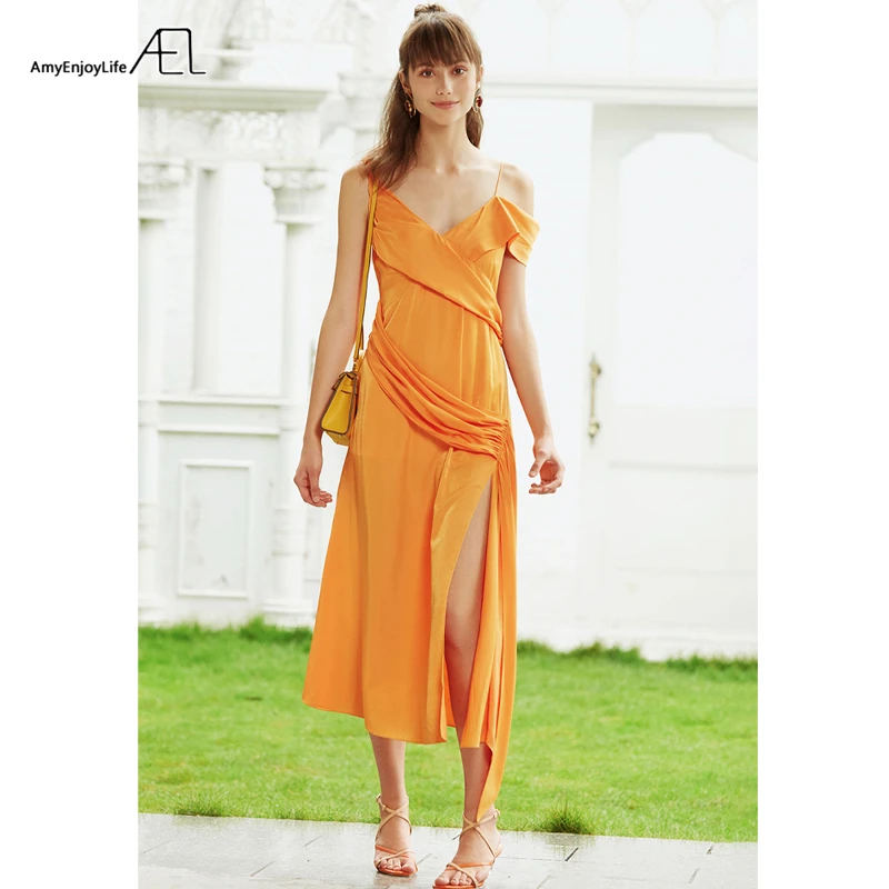 

AEL Maxi Dress Irregular with spaghetti strap Women sexy asymmetric column dress V Collar slit Dress Ruffle party dresses