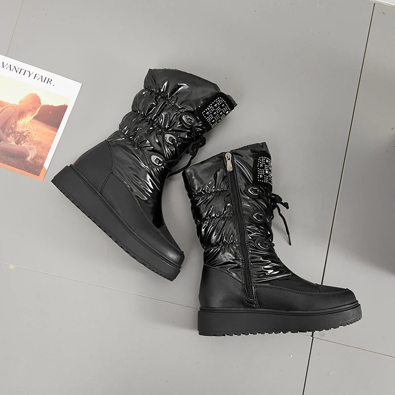 Водонепроницаемые ботинки из плотного плюша; женская зимняя обувь; Botas Mujer; Брендовые женские зимние ботинки на шнуровке; зимние ботинки до середины икры на платформе