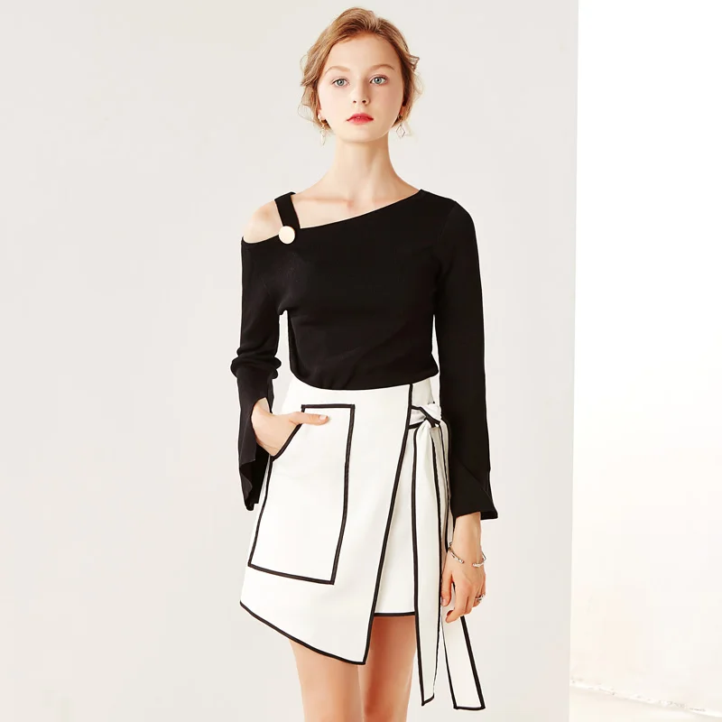 Асимметричный дизайн Черный Белый контрастный цвет боковые карманы повседневные женские короткие мини юбки 6459