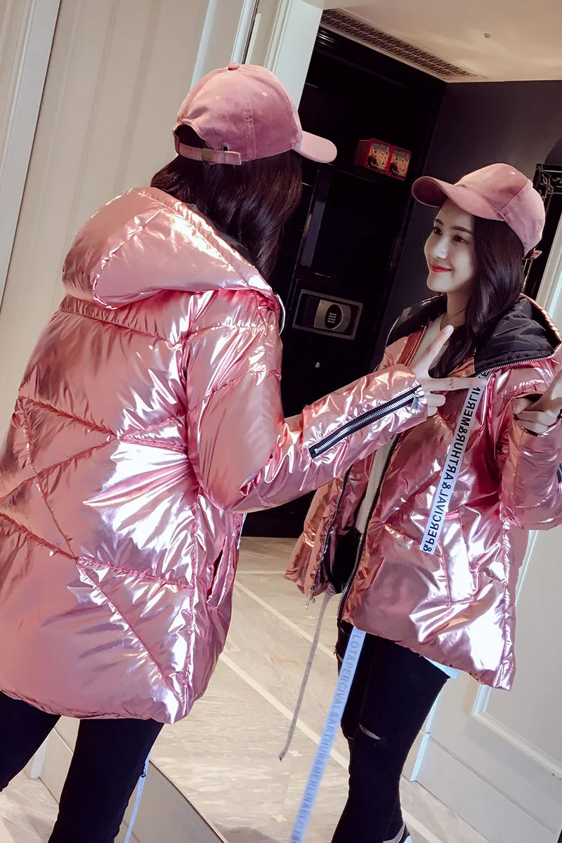 Модная зимняя куртка с голограммой для девочек; розовое блестящее пальто с капюшоном в полоску
