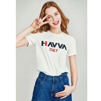 

HAVVA 2020 Summer New Ls-c Combed Long Stapled Cotton Three-dimensional Embroidery Logo Printing Short-sleeved T-shirt T43350