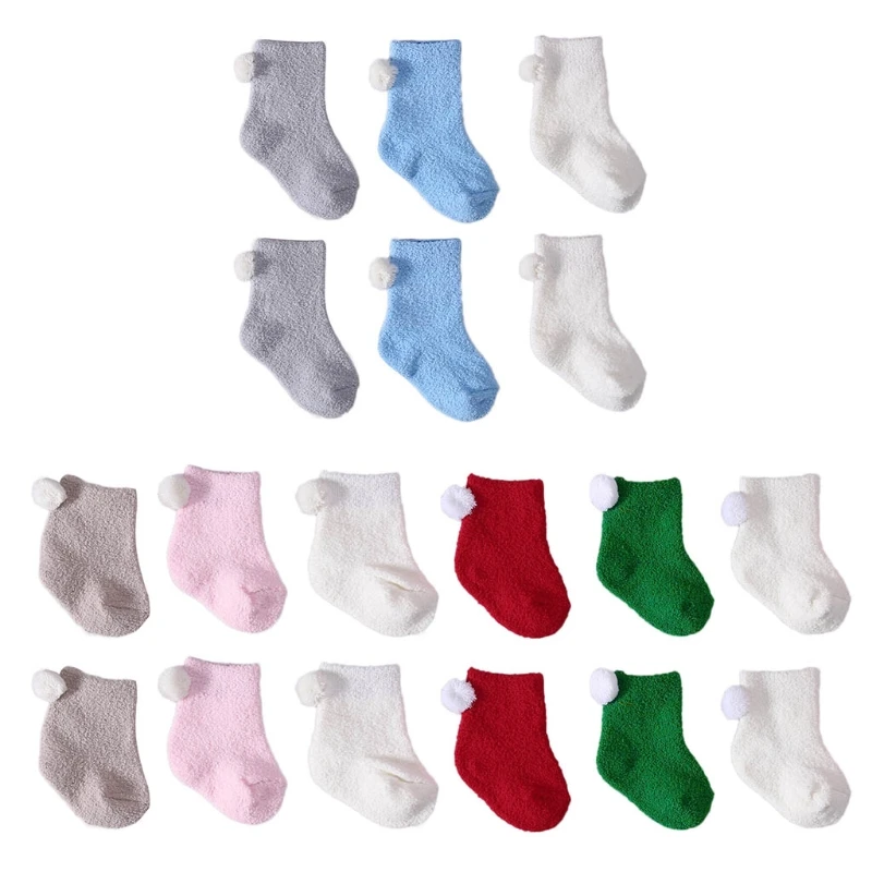 3 пар/лот; Зимние коралловые флисовые напольные нескользящие носки для новорожденных детей 0-3 лет; 85WA