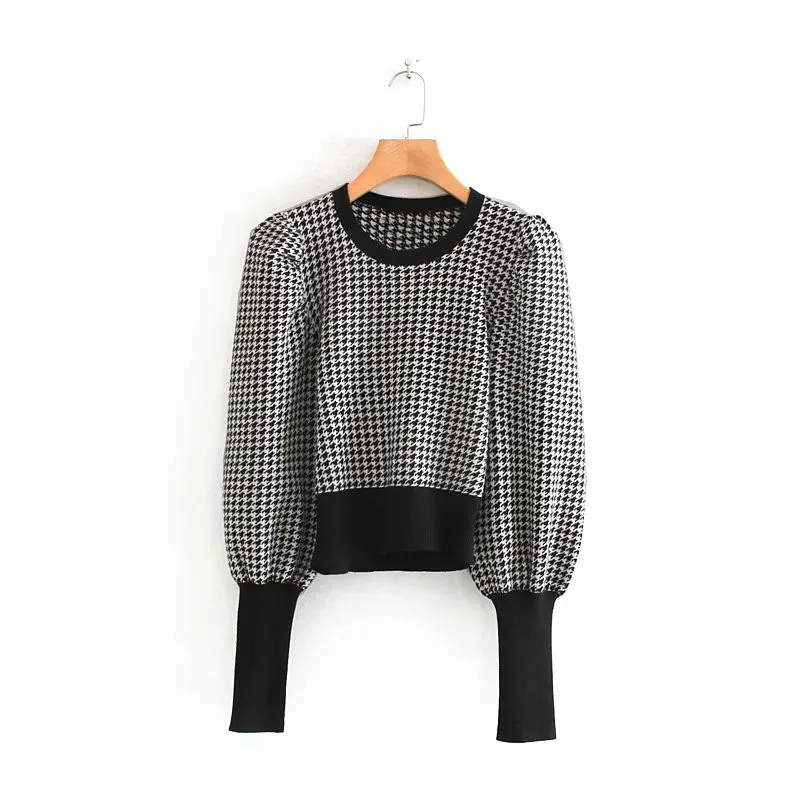 

2019 Winter Women Sweater Tops New Vintage Houndstooth Pattern Puff Sleeve Female Sweater Ladies Basic O Neck Knitted Pullovers