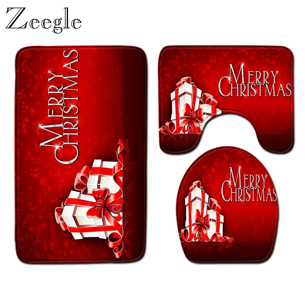 Zeegle Merry Christmas 3pcs Bath Mat Set Anti Slip Bath Mat Floor Mat Chrismas Mat for Toilet Decoration Washable Toilet Rug