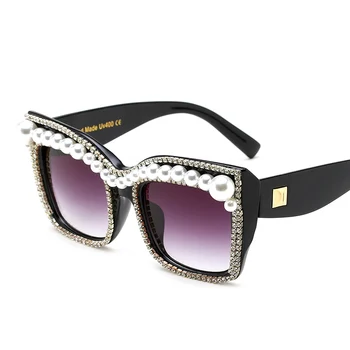 

2020 New Vintage Manual Pearl Diamonds Cat Eye Sunglasses Women High Quality Ladies Oversized Sun Glasses Oculos De Sol 400UV
