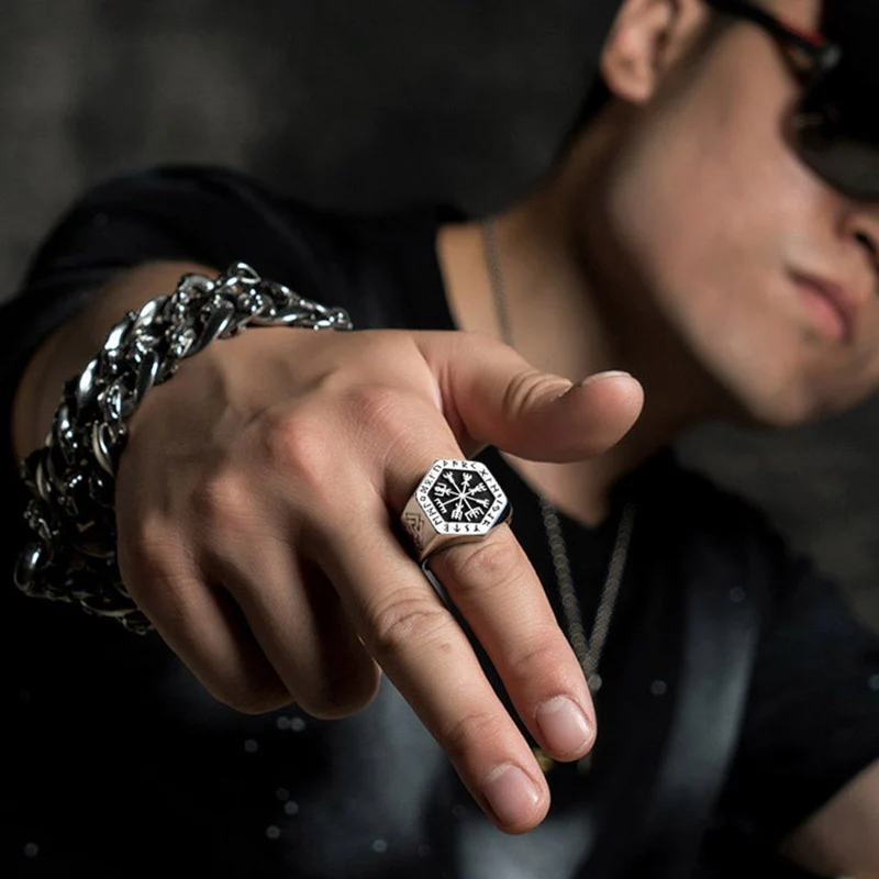 Viking Compass Vegvisir Aegishjalmur Runic Statement Ring Mens Vintage Silver Color Nordic Viking Totem Odin Biker Rings Jewelry