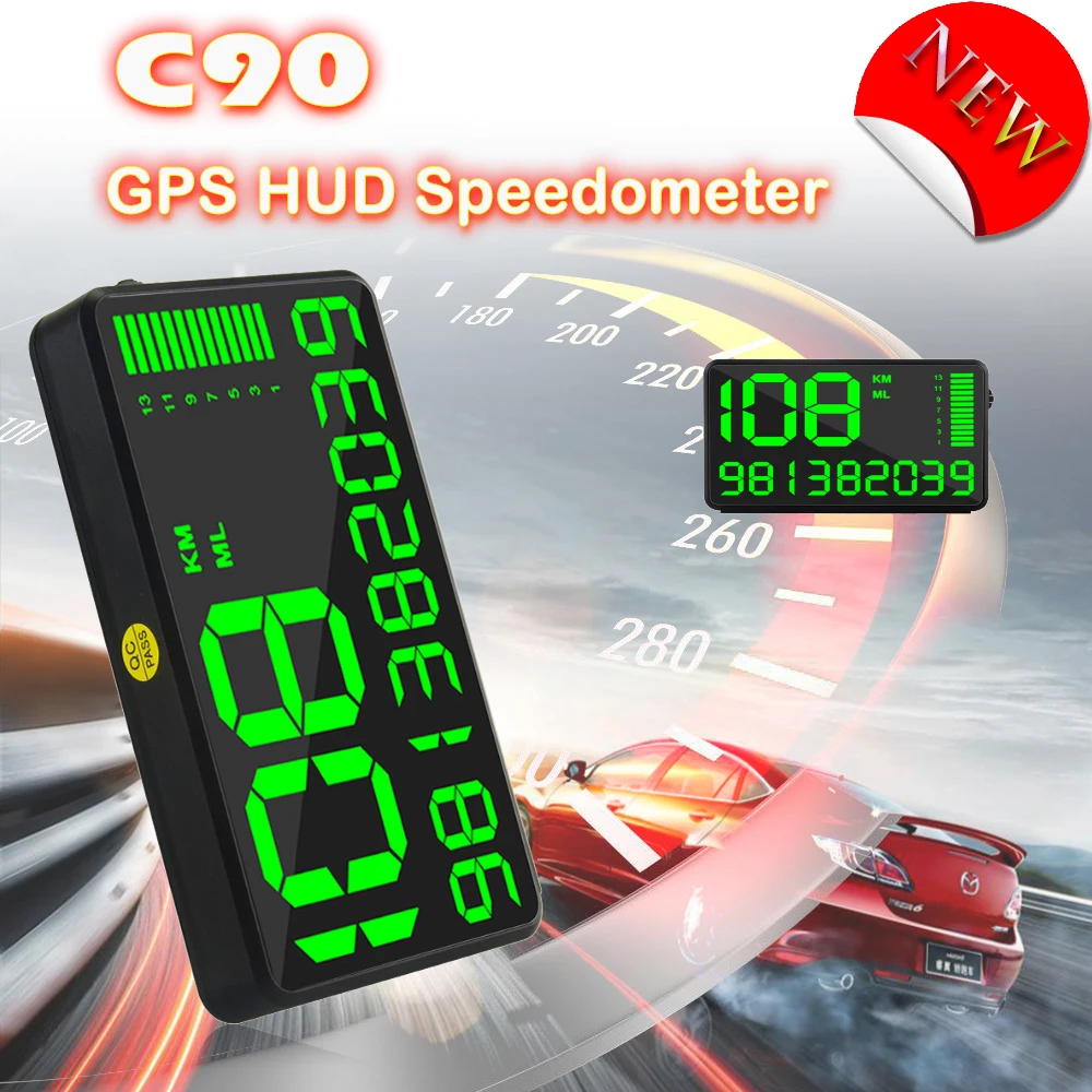 

C90 GPS speedometer hud display car hud with overspeed alarm driving time digital local time altitude mileage speed of car truck