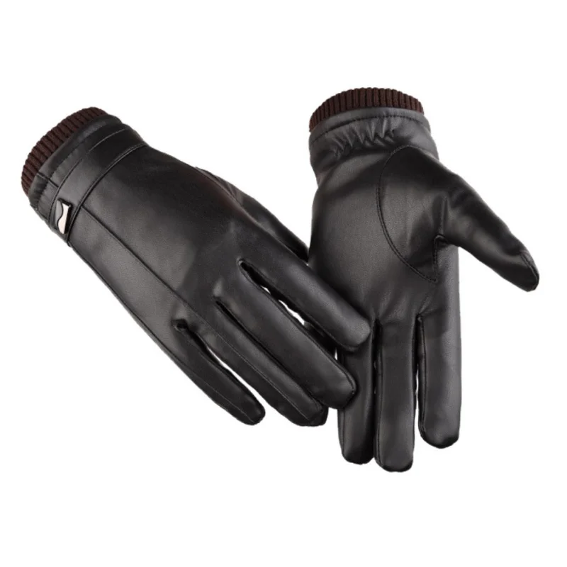 Черный Men Winter PU Leather Gloves Full Finger Cycling Waterproof Plus Velvet Gloves Warm Mittens2 CY02 - Цвет: Черный