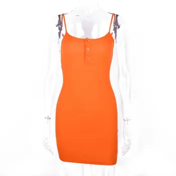 

2020 Neon Orange Green Solid Spaghetti Strap Button Up Sexy Bodycon Mini Dress Summer Women Party Club Streetwear